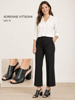 Adrienne Vittadini Ricochet Black Leather Peep-Toe Block Heel Sandals - Size 10